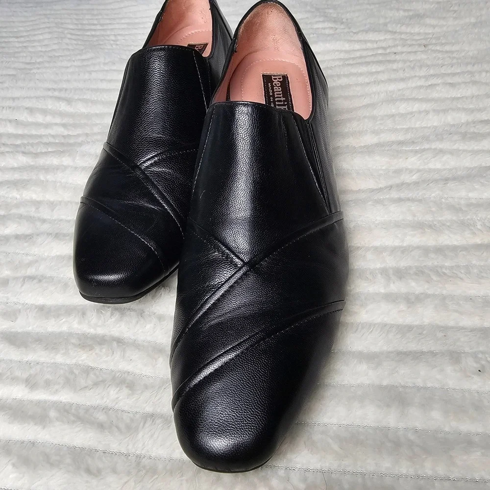 BeautiFeel Black Leather‎ Slip On Kitten Heel Pumps Shoes Office Career Luxury